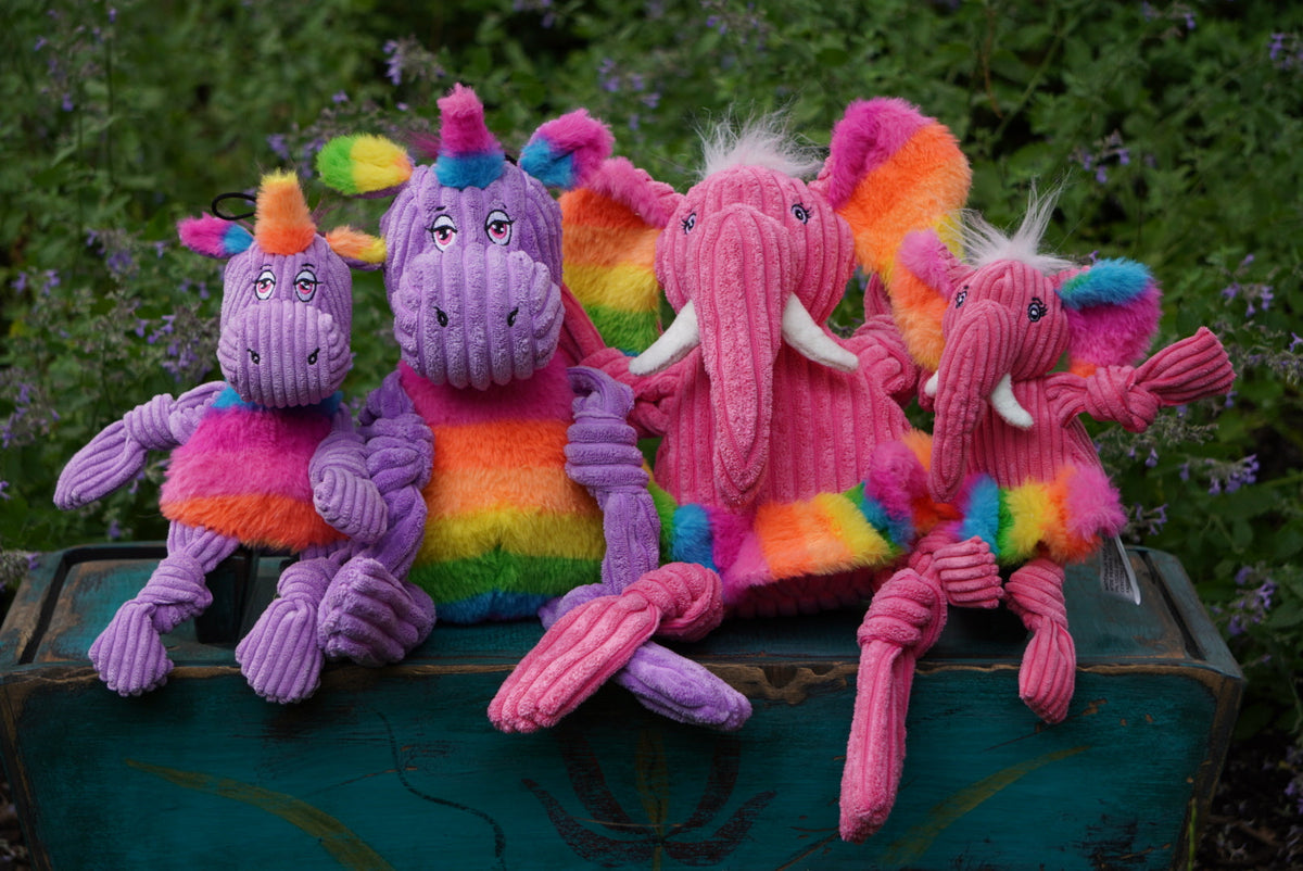 Rainbow Elephant Knottie® Plush Dog Toy – 5 Squeakers & Tuffut Technology®, Small & Large HuggleHounds