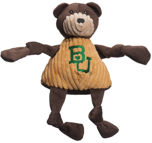 Plush bear toy with Baylor University sweater on a white background