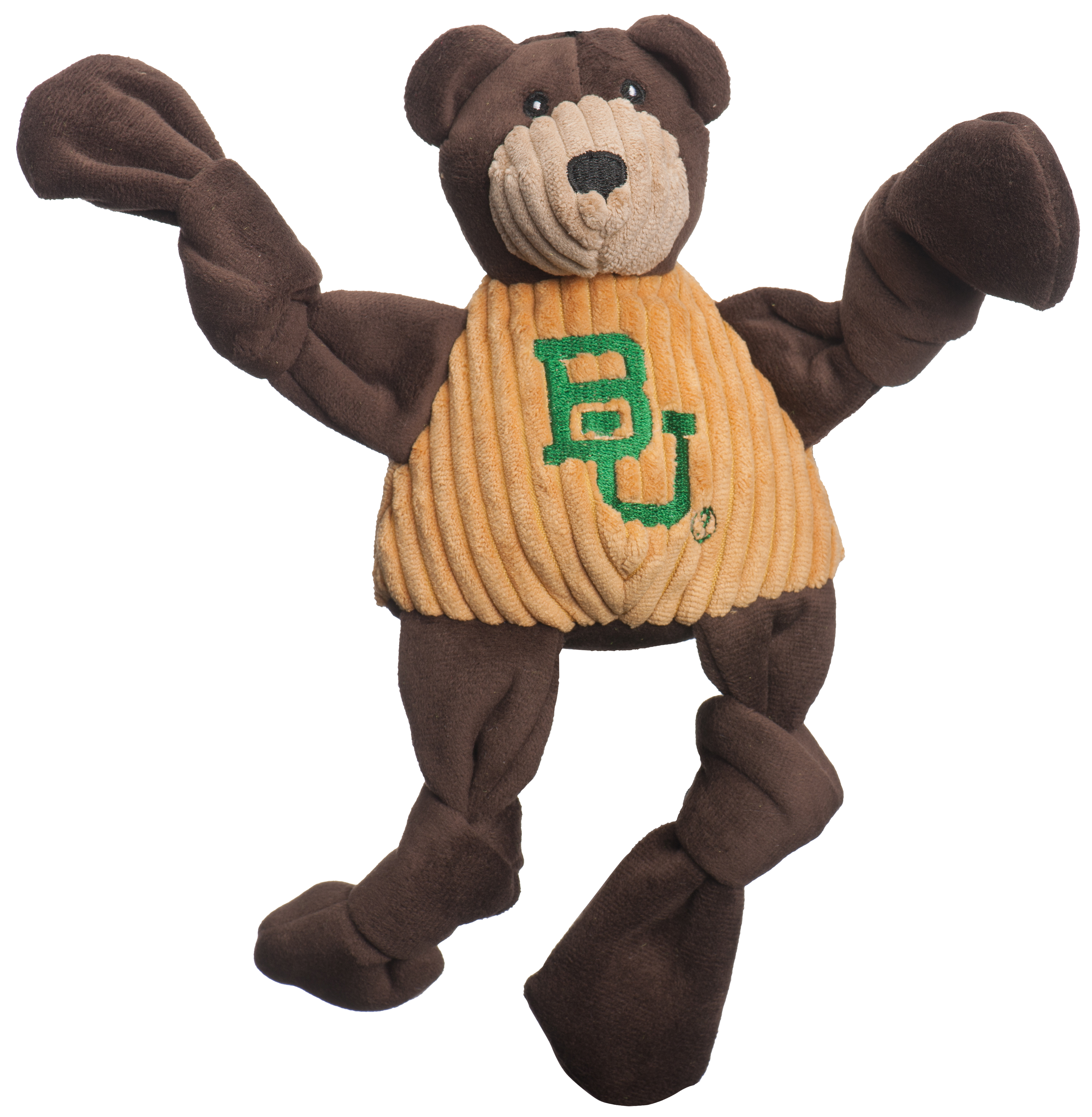 Plush bear toy wearing a sweater with a visible logo on a white background