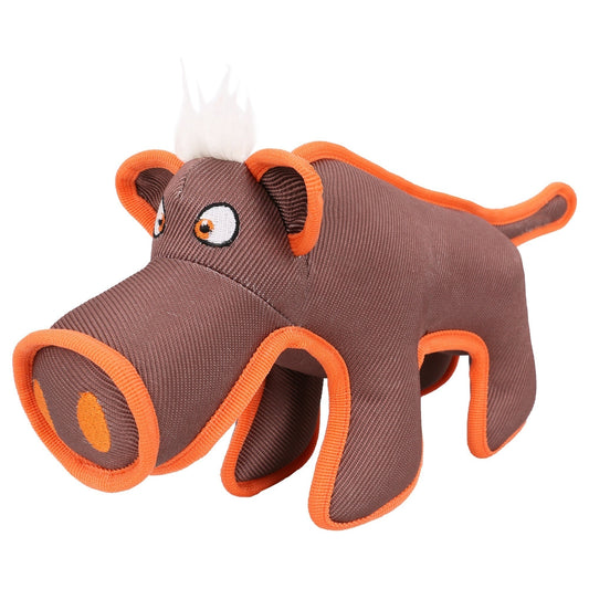 Plush dog toy shaped like a boar with orange accents on a white background
