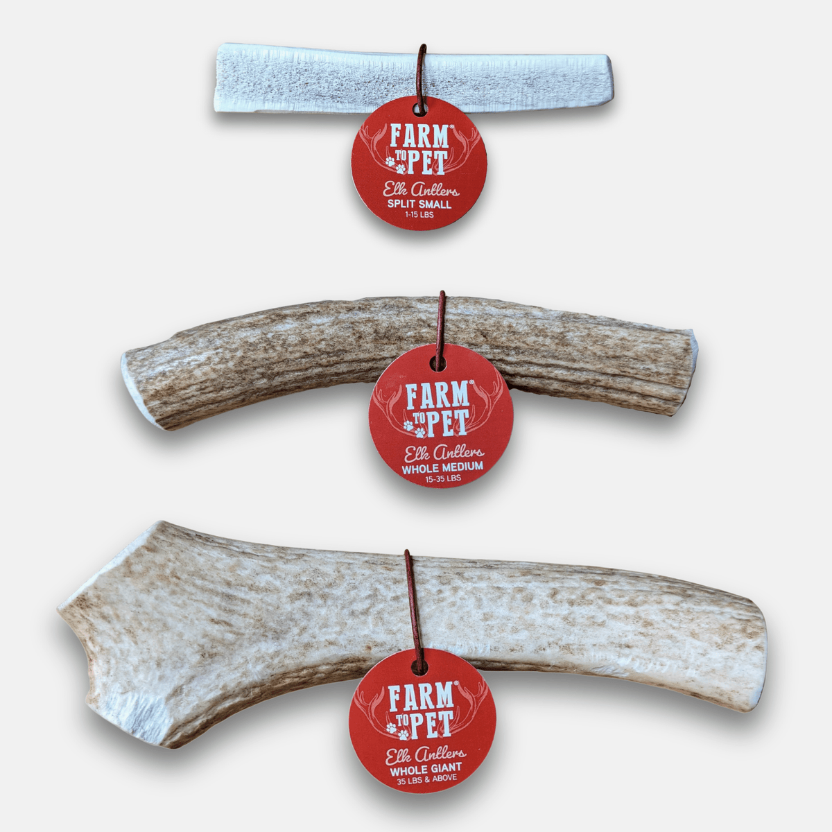 Three deer antlers with 'Farm to Pet' labels on a white background
