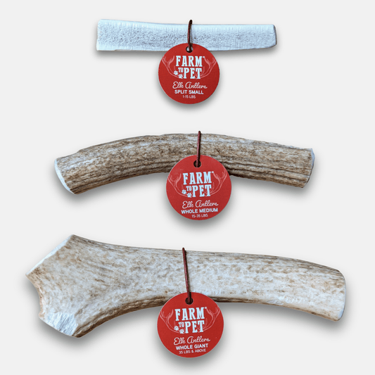 Three deer antlers with 'Farm to Pet' labels on a white background