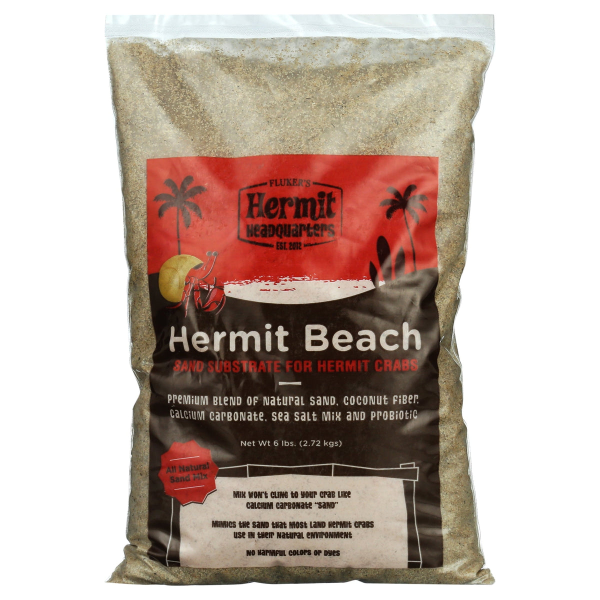 Bag of Hermit Beach sand substrate for hermit crabs with a red and black label.