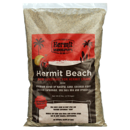 Bag of Hermit Beach sand substrate for hermit crabs with a red and black label.