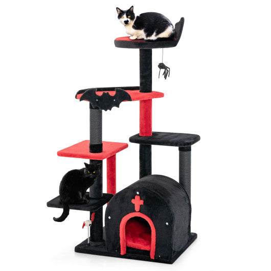 Cat tree with multiple levels and a cat sitting on top