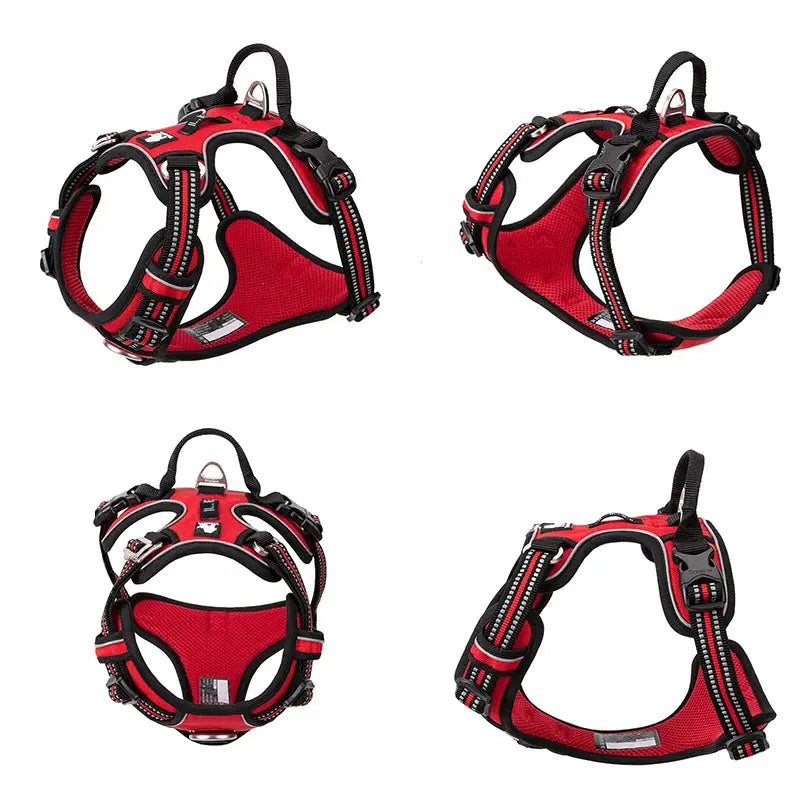 Red and black dog harnesses shown from multiple angles on a white background