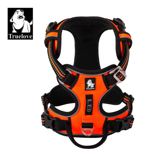 Orange and black dog harness with 'Truelove' branding on a white background