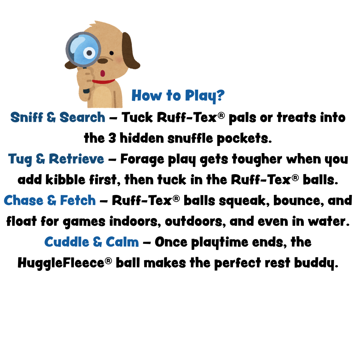 Dog toy packaging with instructions on how to play with Ruff-Tex balls and HuggleFleece ball.