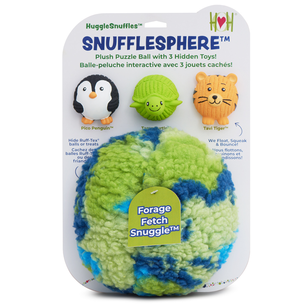 HuggleHounds Snufflesphere plush puzzle ball with toys on packaging