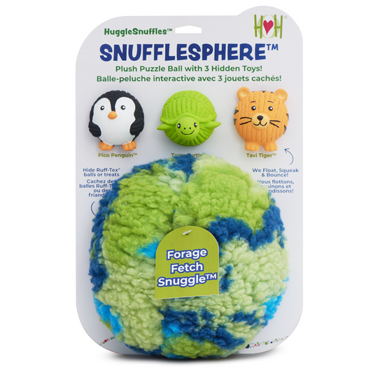 HuggleHounds Snufflesphere plush puzzle ball with toys on packaging