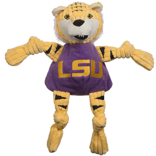 Plush tiger toy with LSU logo on a white background