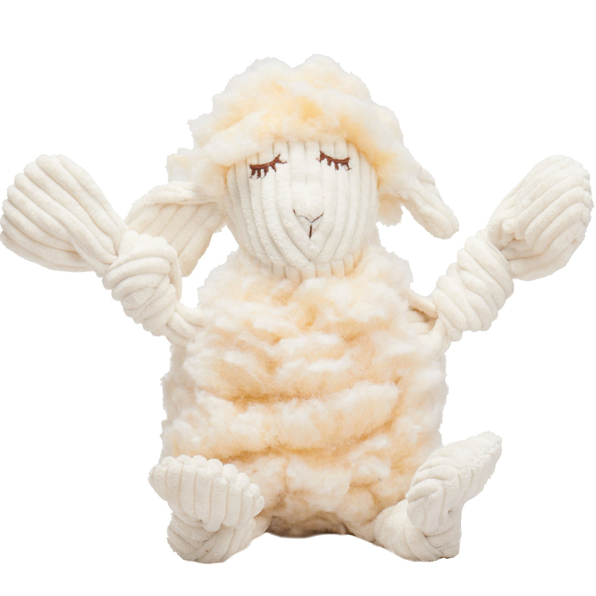 Plush toy sheep with rope details on a white background