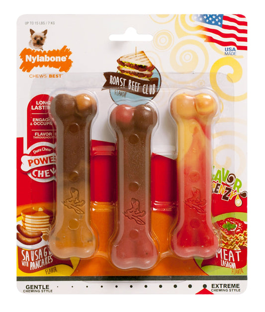 Nylabone dog chew treats packaging with various flavors on a white background