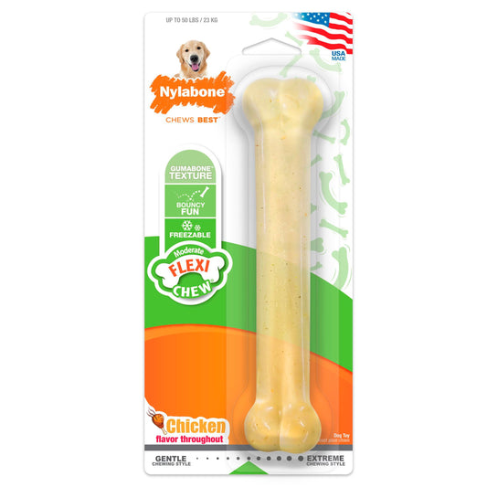 Nylabone dog chew toy packaging with a bone-shaped product on a white background