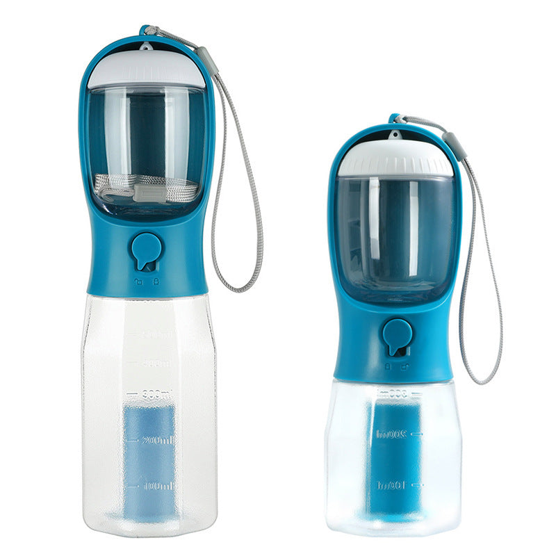 Two blue and clear portable water bottles with measurement markings on a white background