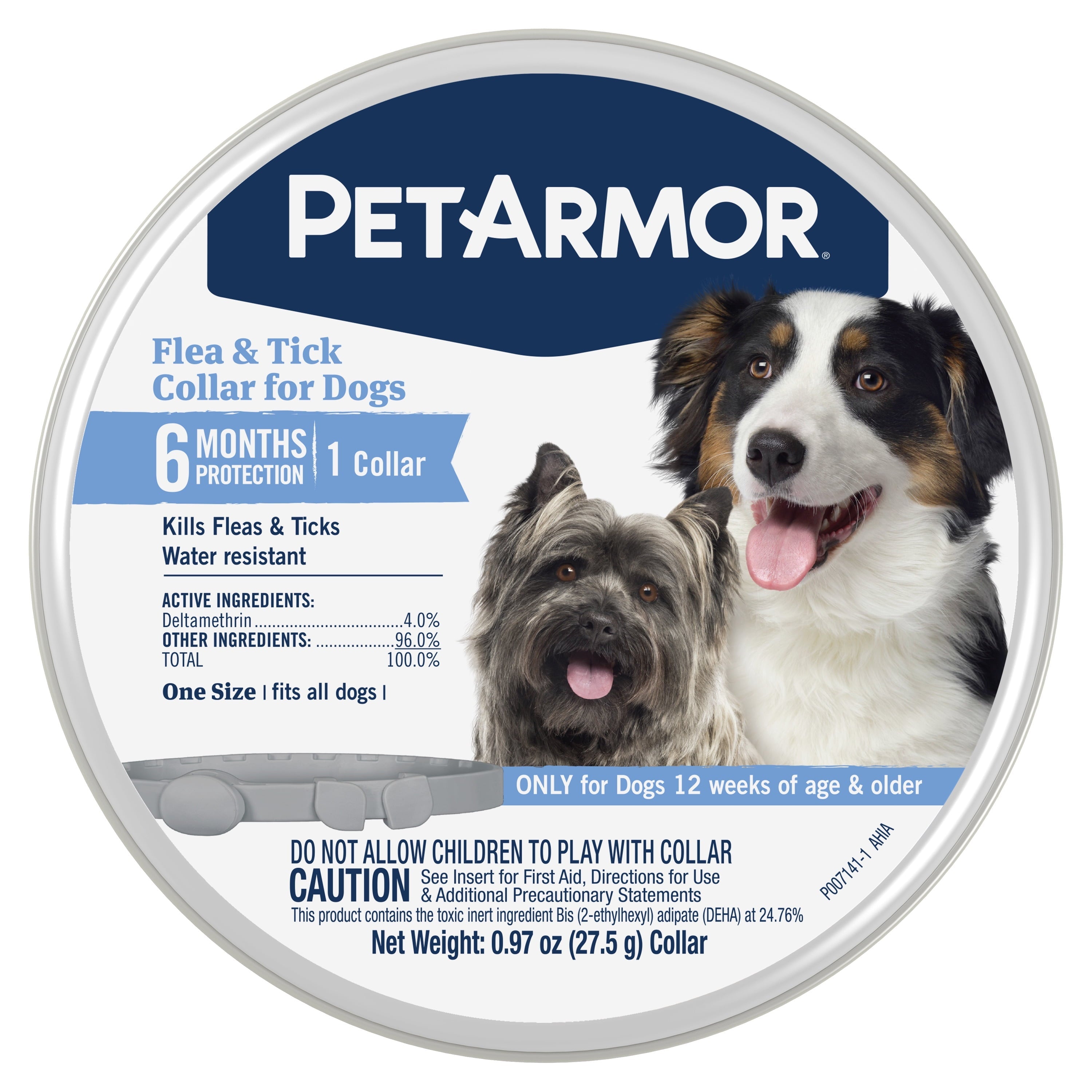 PetArmor flea and tick collar for dogs packaging with two dogs on a white background