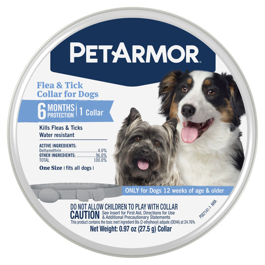 PetArmor flea and tick collar for dogs packaging with two dogs on a white background