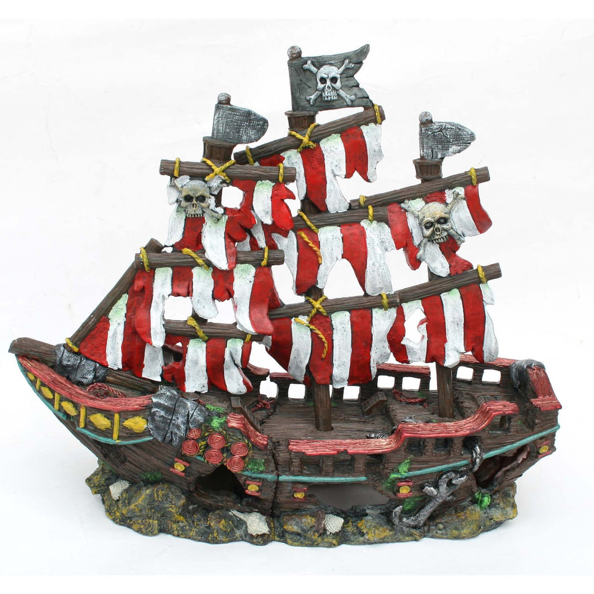 Pirate ship figurine with red and white sails on a white background