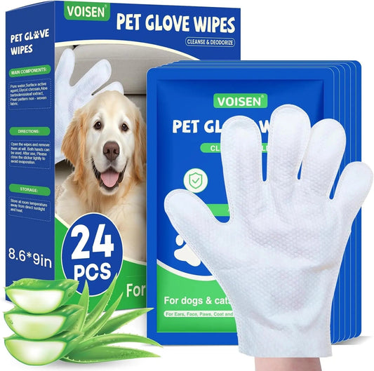 VOISEN Pet Glove Wipes packaging with a white glove and aloe vera leaves on a white background