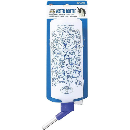 Pet water bottle with blue and white design on a white background