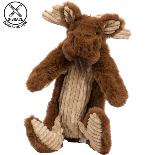 Plush moose toy with X-Brace construction logo on a white background