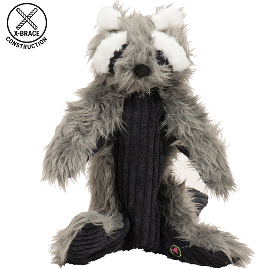 Plush toy resembling a badger with X-Brace Construction logo on a white background