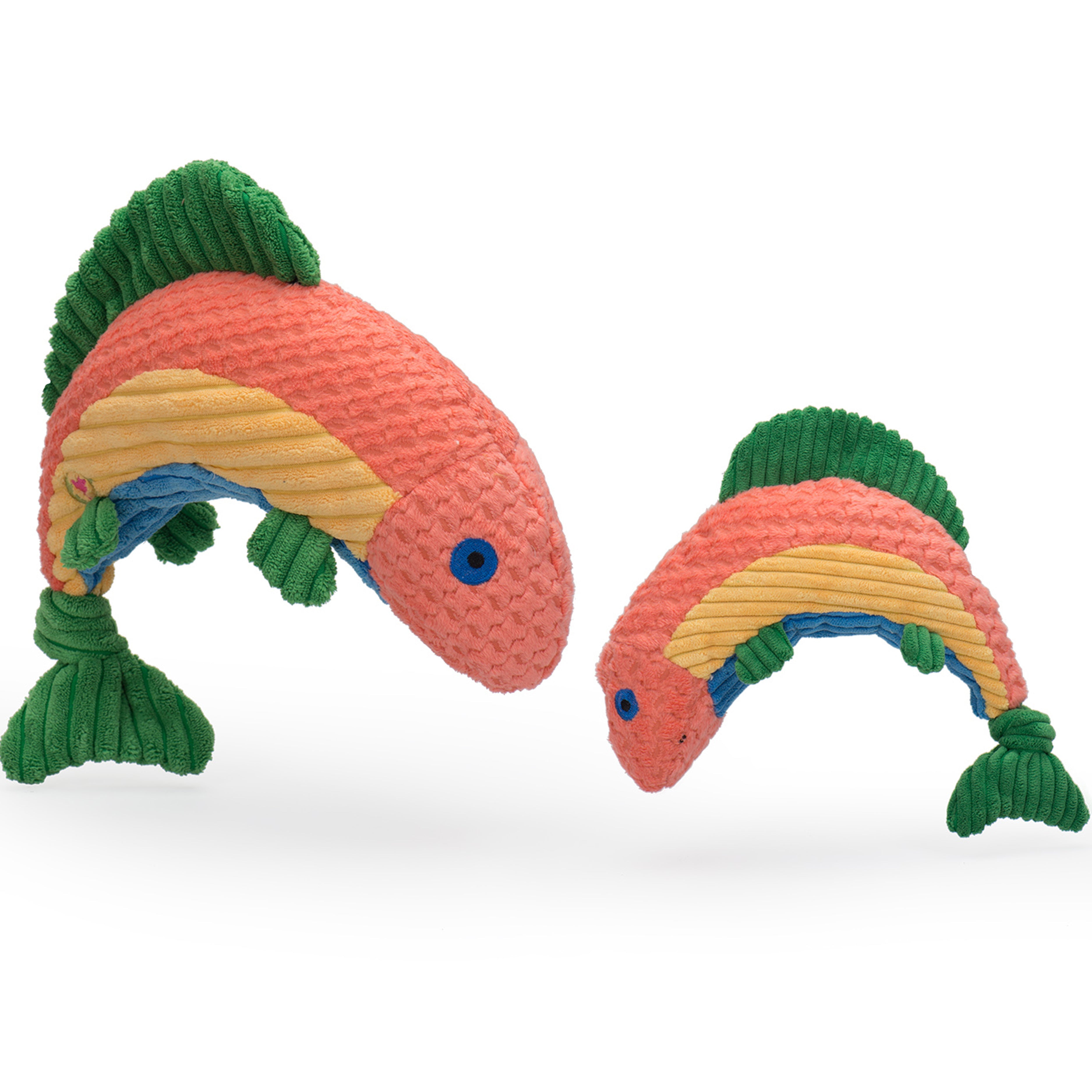 Two colorful fish-shaped dog toys on a white background