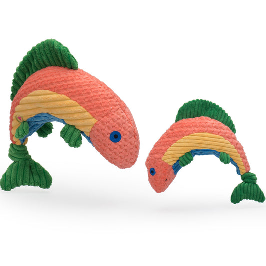 Two colorful fish-shaped dog toys on a white background