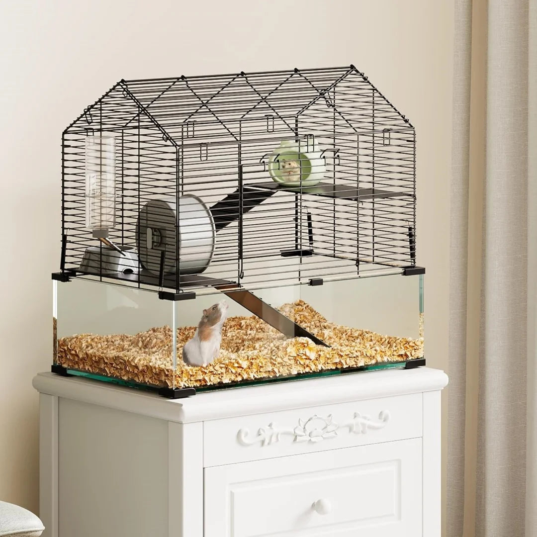 3 Tiers Large Hamster, Metal Enclosure + Glass Gerbil Cage