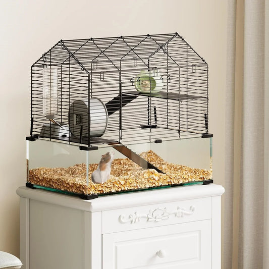 3 Tiers Large Hamster, Metal Enclosure + Glass Gerbil Cage