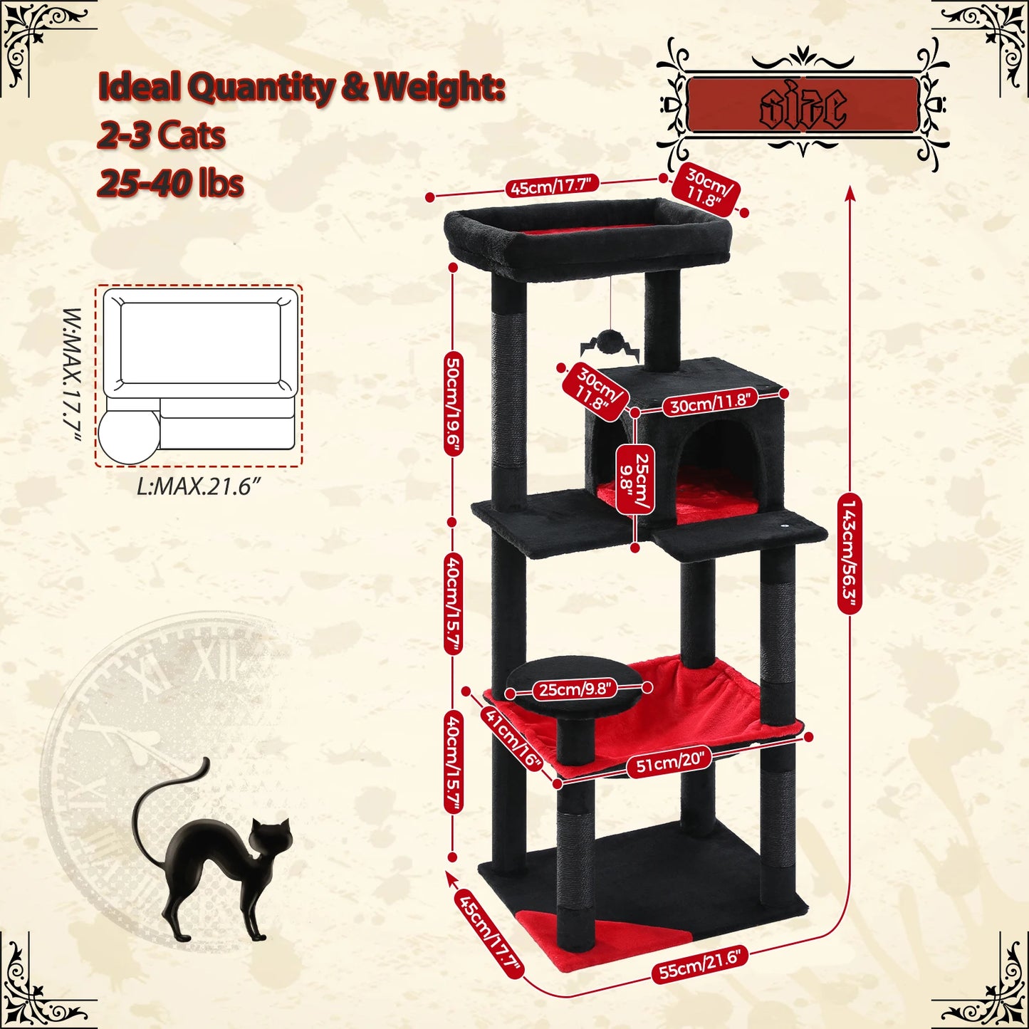 Gothic Cat Tree Tower with Super Large Hammock