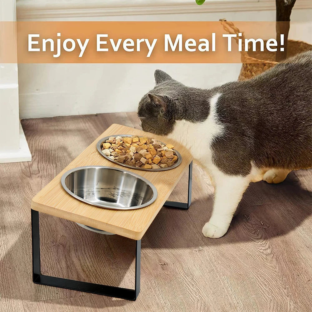 Elevated Bowls 15° Tilted Raised with Wooden Stand