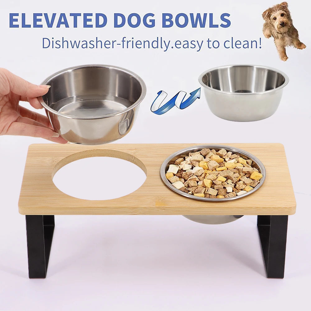 Elevated Bowls 15° Tilted Raised with Wooden Stand