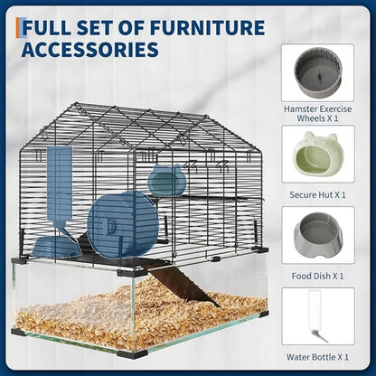 3 Tiers Large Hamster, Metal Enclosure + Glass Gerbil Cage