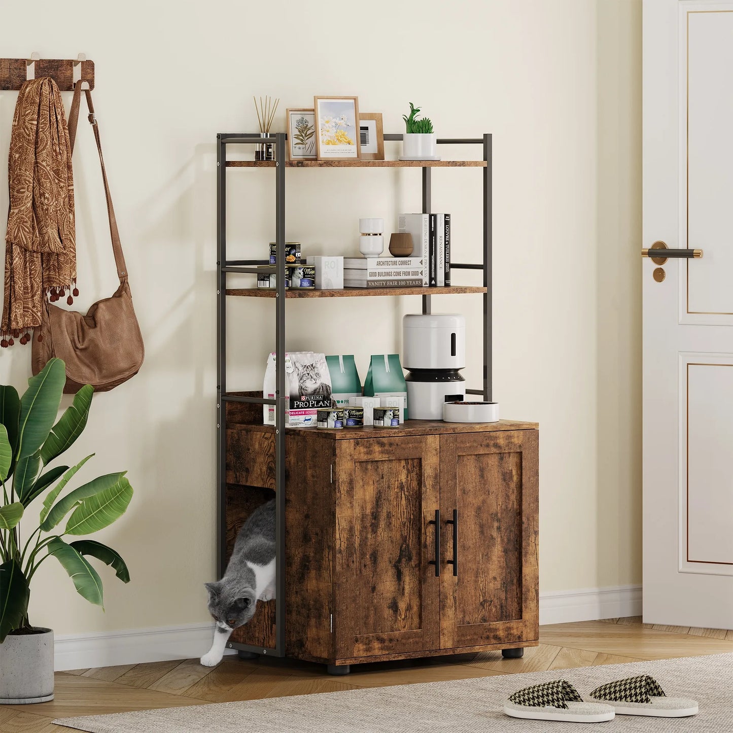 Litter Box Enclosure with 2-Tier Storage Shelves and Doors