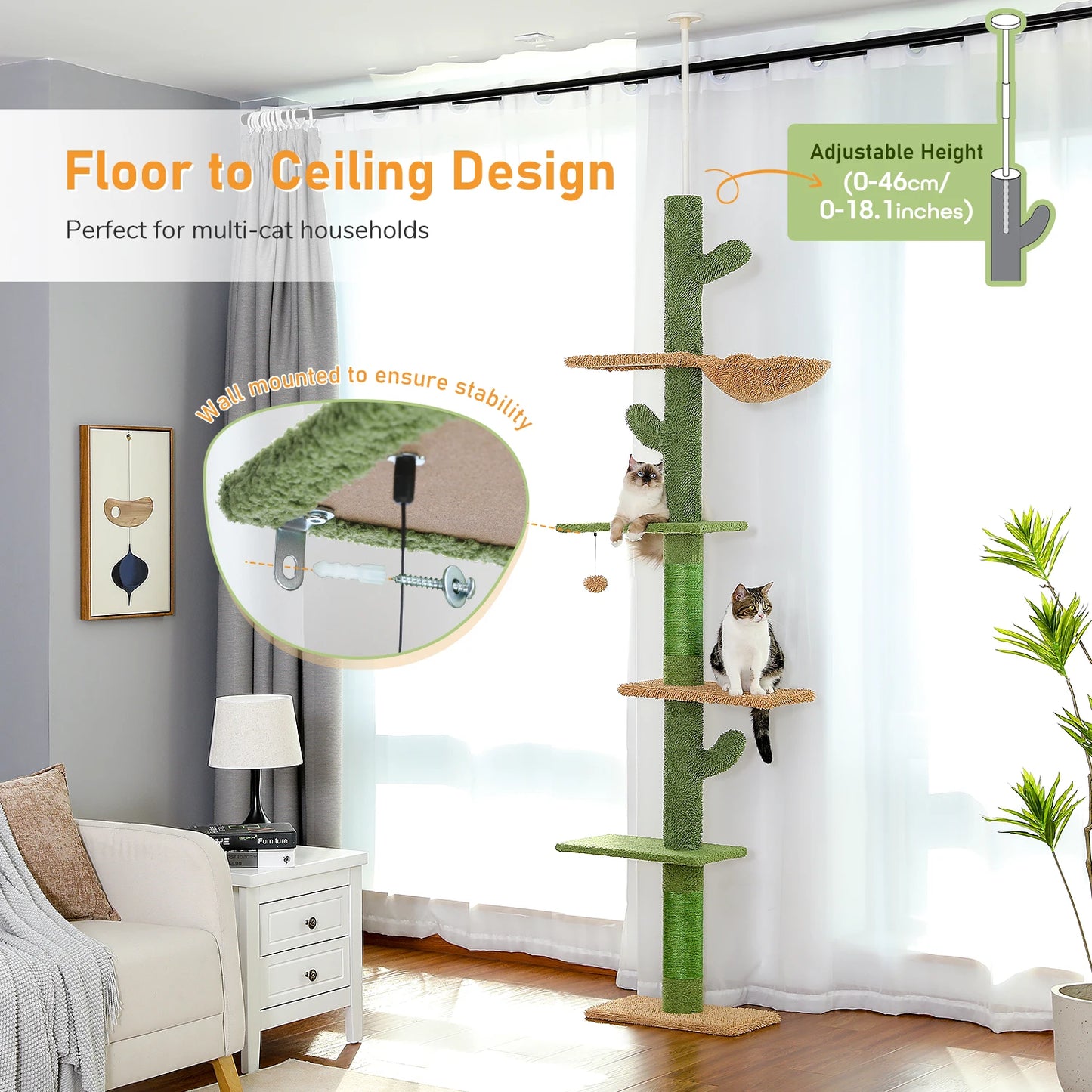 Cat Tree 5-Tier Floor to Ceiling Cactus