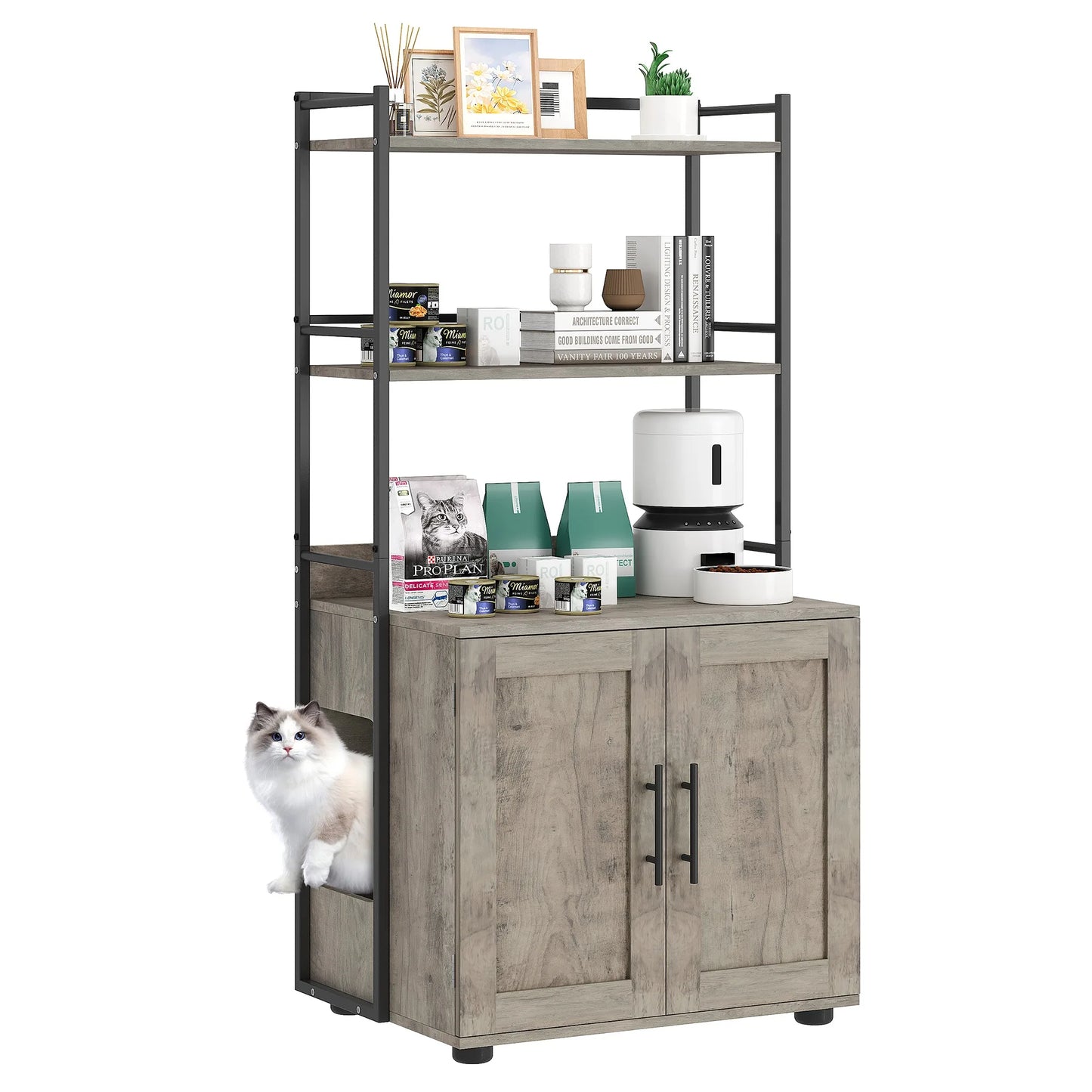 Litter Box Enclosure with 2-Tier Storage Shelves and Doors