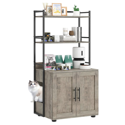 Litter Box Enclosure with 2-Tier Storage Shelves and Doors