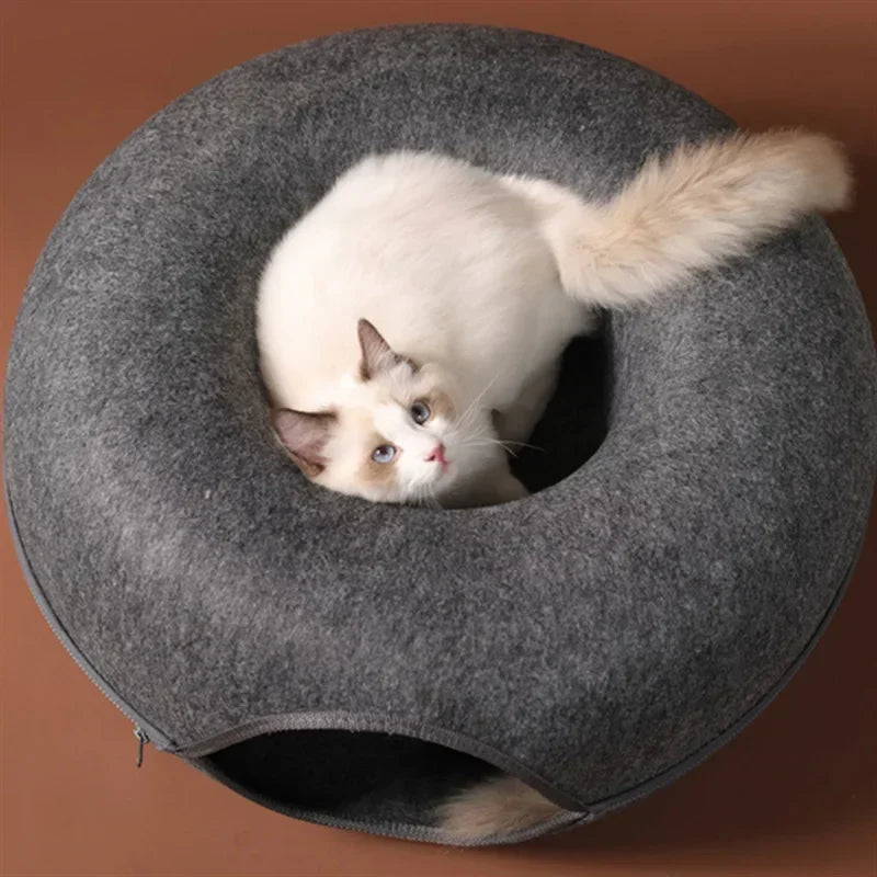 Felt Donut Cat Bed | 2-in-1 Cat Tunnel Bed & Hideout Whisker House