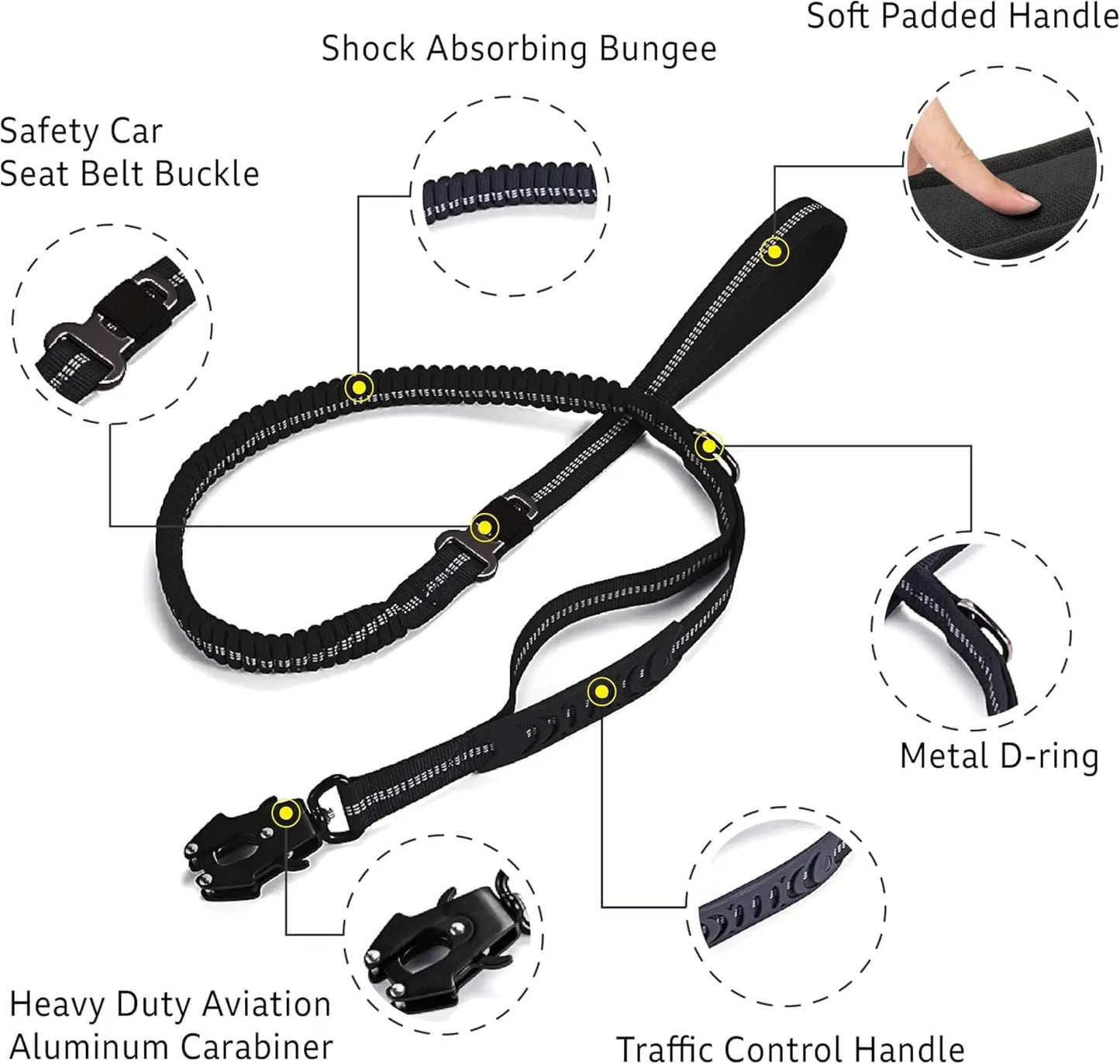 Reflective Shock Absorbing Leash with Car Seatbelt