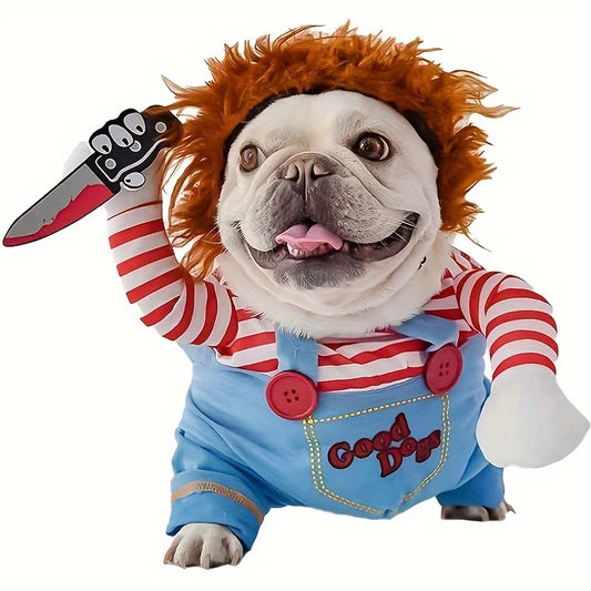 Red bloody doll Halloween costume with wig for dogs and cats