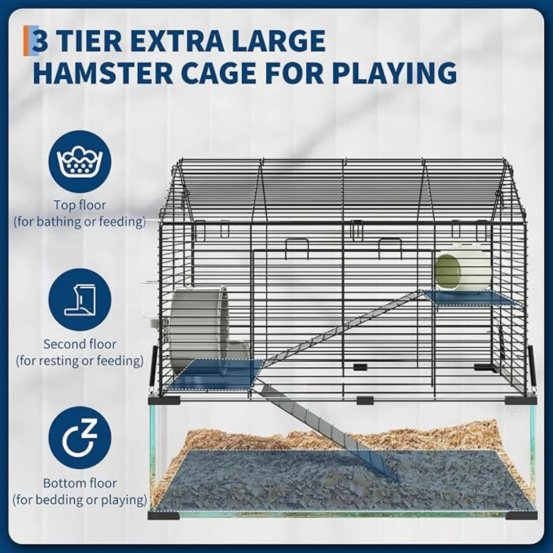 3 Tiers Large Hamster, Metal Enclosure + Glass Gerbil Cage