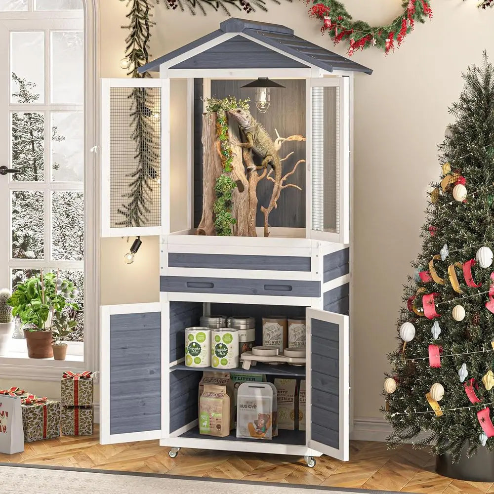 Large Wooden Reptile Enclosure for Lizards Storage, Ventilation, and Wheels