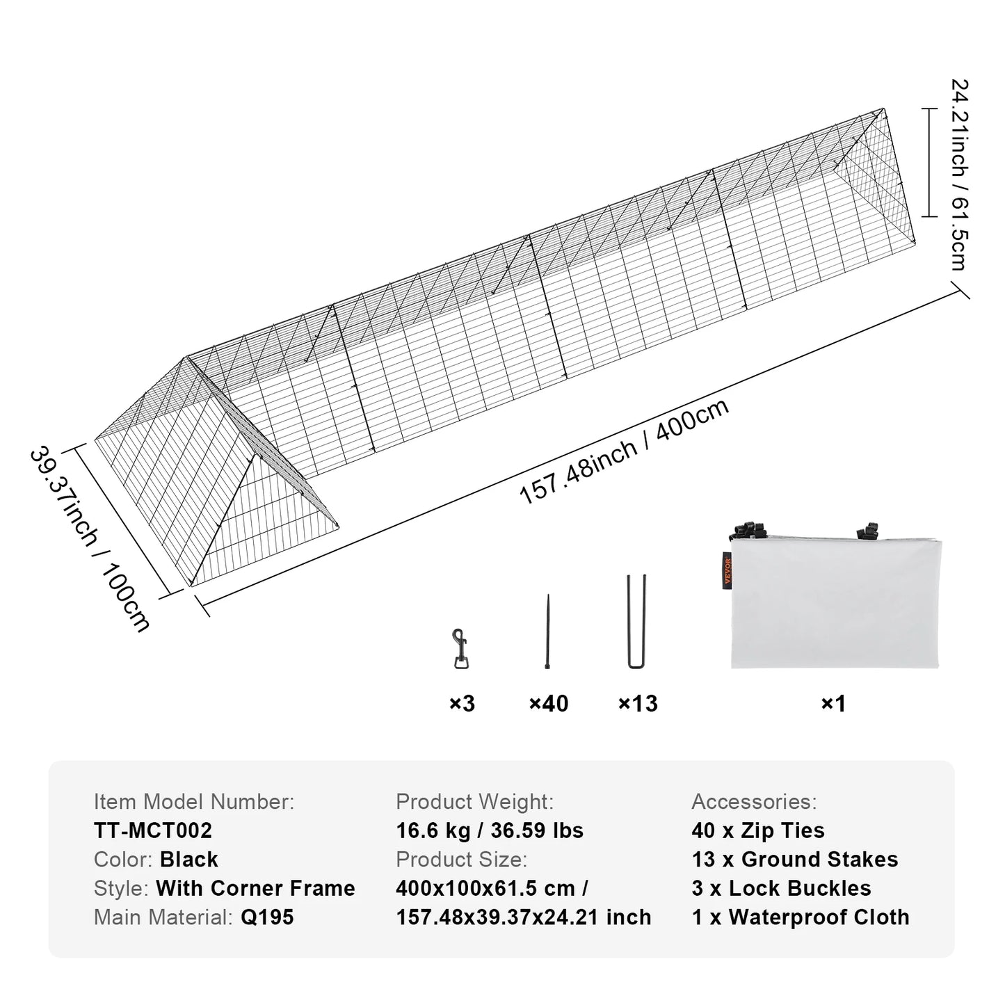 Chicken Tunnels 157.5 x 39.4 x 24.2  for Yard Portable