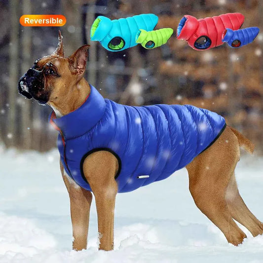 Reversible waterproof winter dog jacket with thick fleece lining