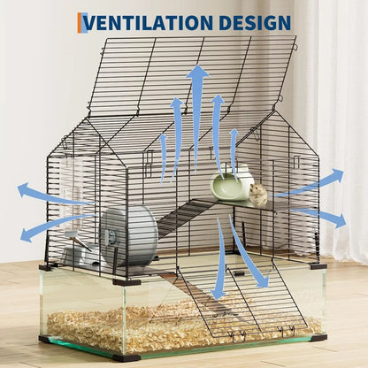 3 Tiers Large Hamster, Metal Enclosure + Glass Gerbil Cage