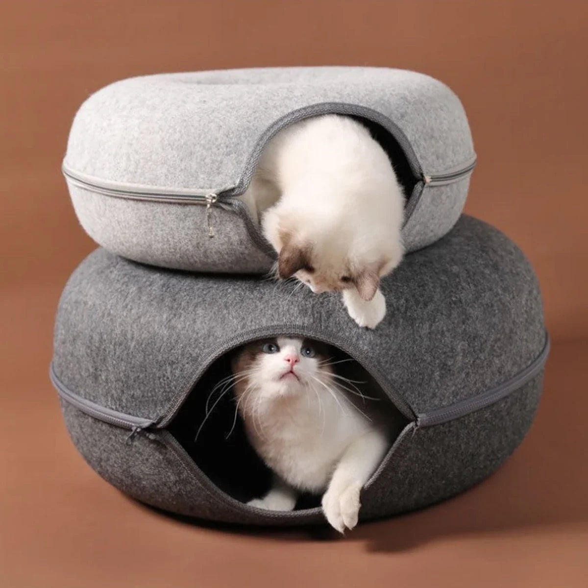 Felt Donut Cat Bed | 2-in-1 Cat Tunnel Bed & Hideout Whisker House