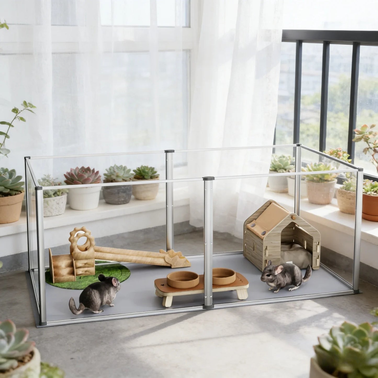 124cm Clear Acrylic Indoor 6 Panels Pet Enclosure w/ Waterproof Floor Pad