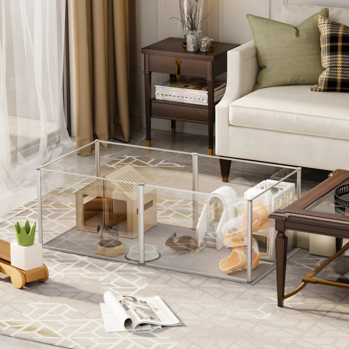 124cm Clear Acrylic Indoor 6 Panels Pet Enclosure w/ Waterproof Floor Pad