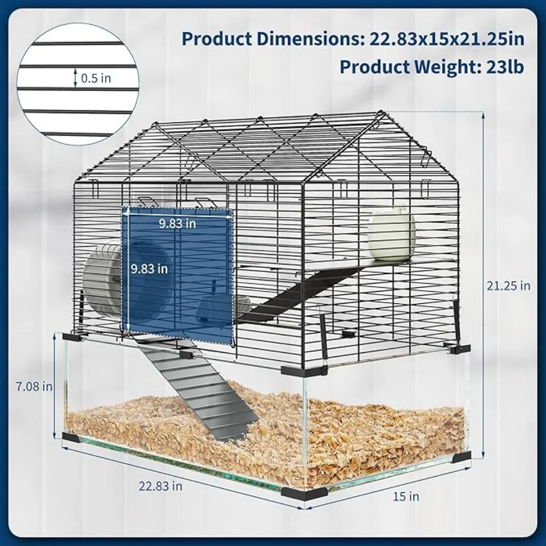 3 Tiers Large Hamster, Metal Enclosure + Glass Gerbil Cage